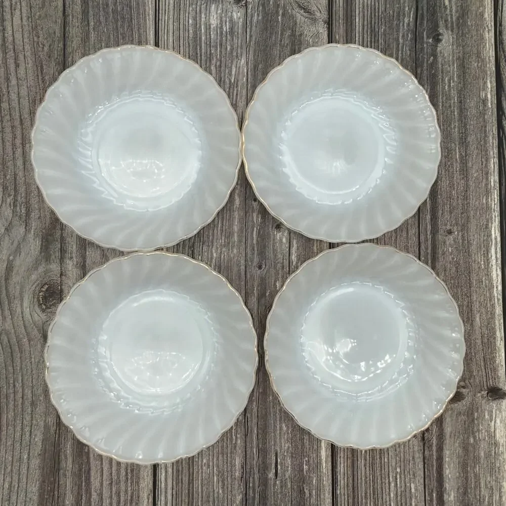 Vintage Fire King Milk Glass Swirl Bowls Gold Trim Set of 4 Anchor Hocking 7.5